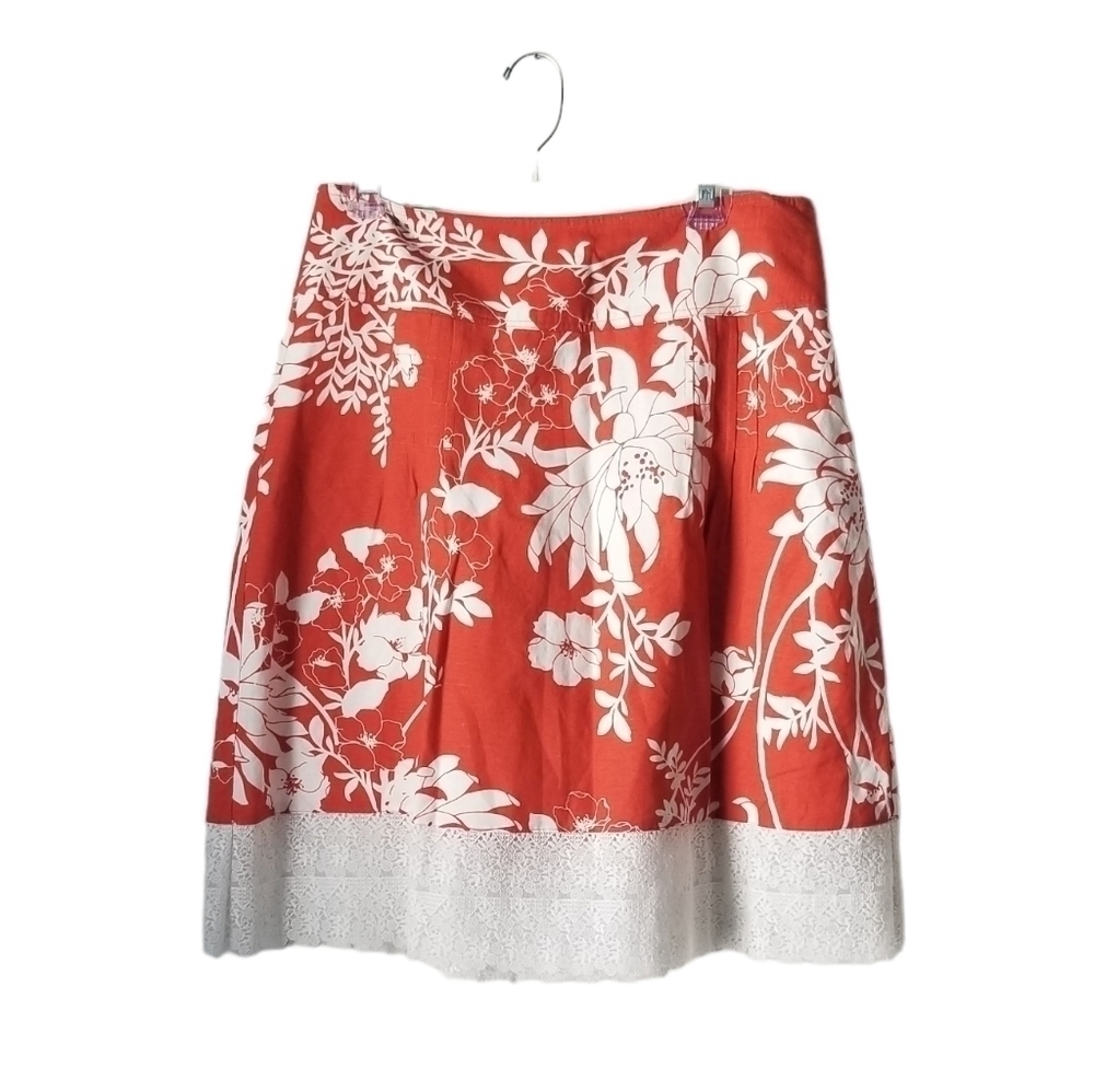 Ann Taylor Island Floral Lace Linen Skirt Orange and White, Size 10